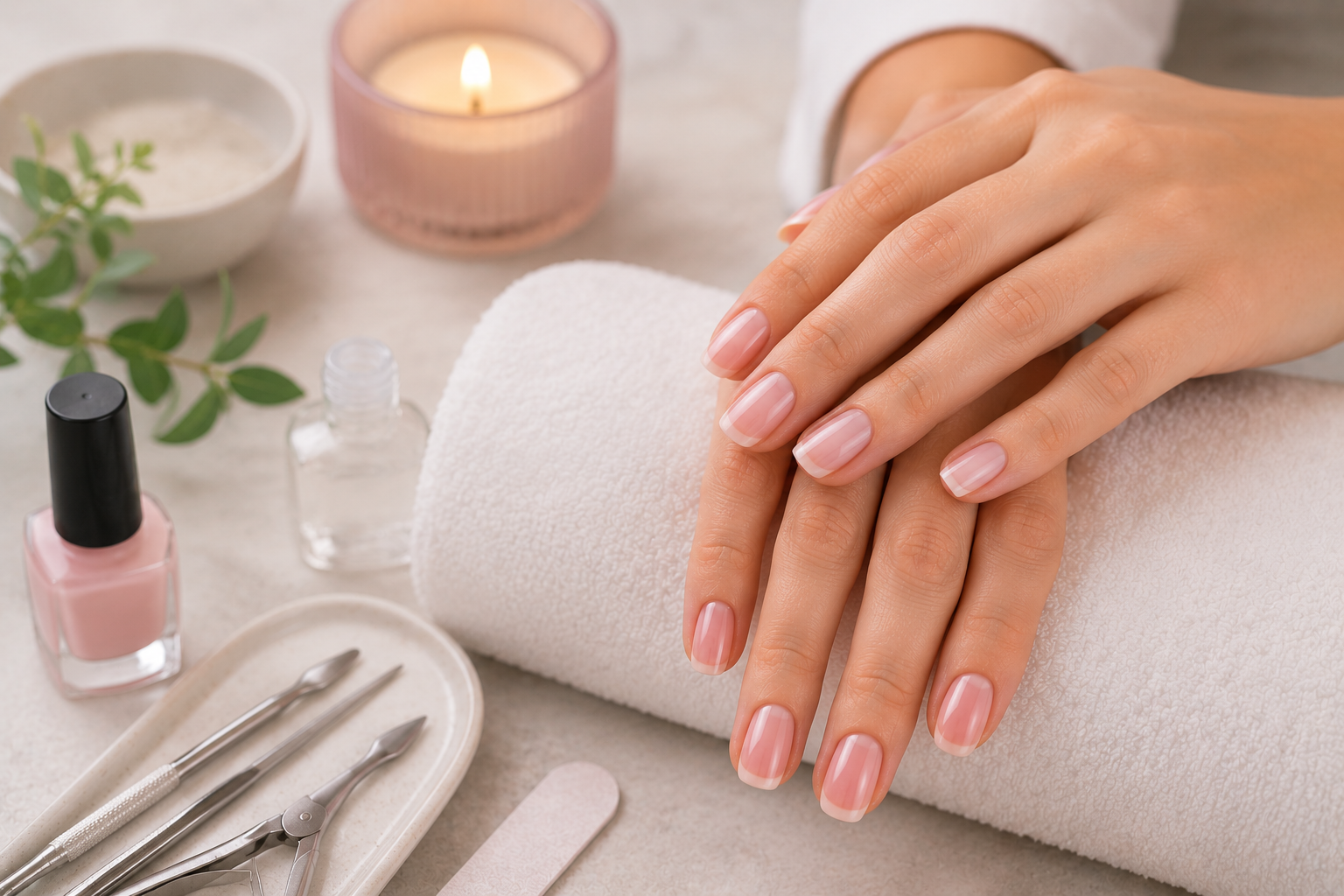 Manucure avec vernis rose et accessoires professionnels à Annecy