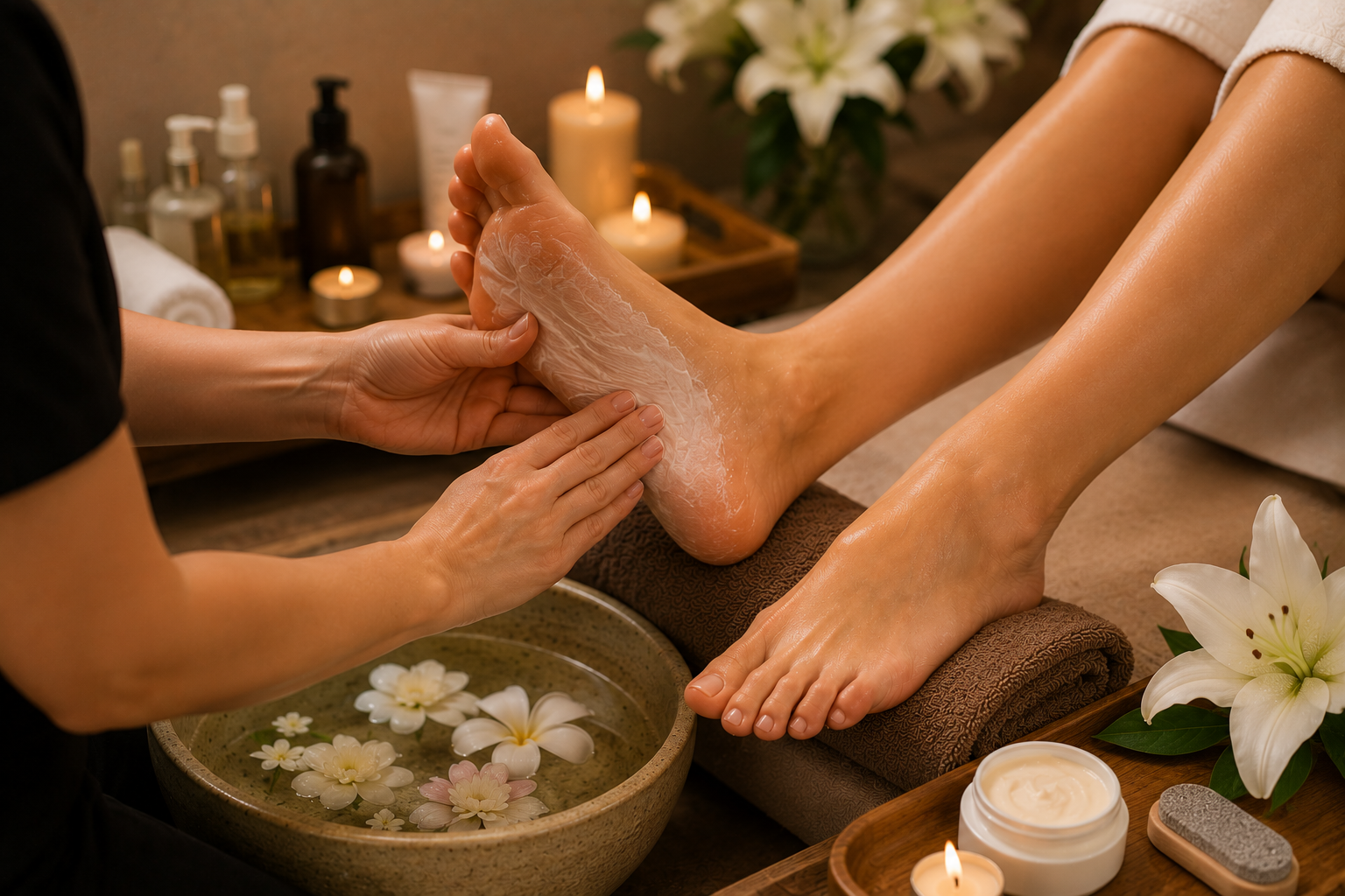 Soin intense des pieds réalisé en institut avec application d'un masque nourrissant et hydratant pour réparer les pieds secs, adoucir la peau et restaurer le confort.