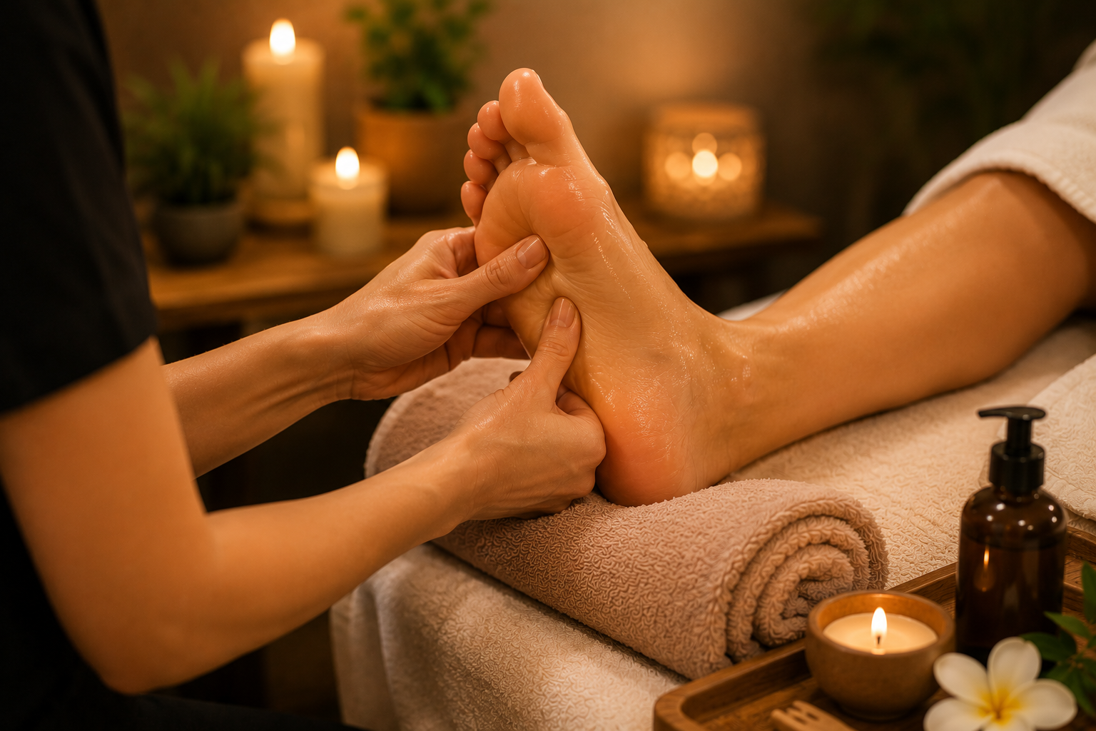 Massage relaxant des pieds réalisé en institut de beauté avec pressions ciblées sur la voûte plantaire pour soulager les tensions et favoriser une profonde détente.